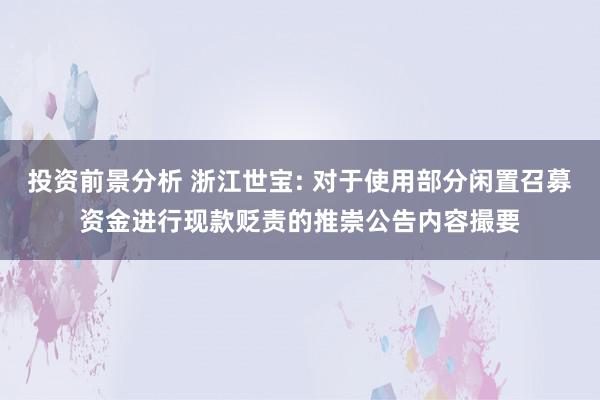 投资前景分析 浙江世宝: 对于使用部分闲置召募资金进行现款贬责的推崇公告内容撮要