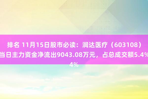 排名 11月15日股市必读：润达医疗（603108）当日主力资金净流出9043.08万元，占总成交额5.4%