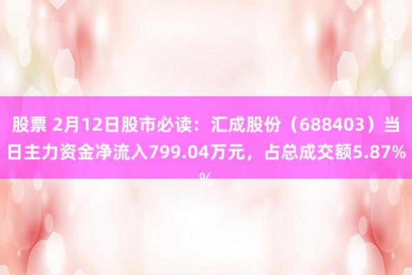 股票 2月12日股市必读：汇成股份（688403）当日主力资金净流入799.04万元，占总成交额5.87%