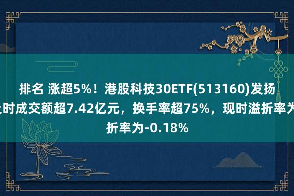 排名 涨超5%！港股科技30ETF(513160)发扬卓绝，及时成交额超7.42亿元，换手率超75%，现时溢折率为-0.18%