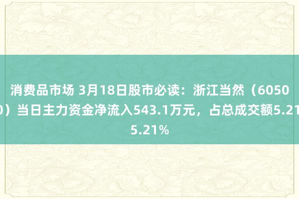 消费品市场 3月18日股市必读：浙江当然（605080）当日主力资金净流入543.1万元，占总成交额5.21%